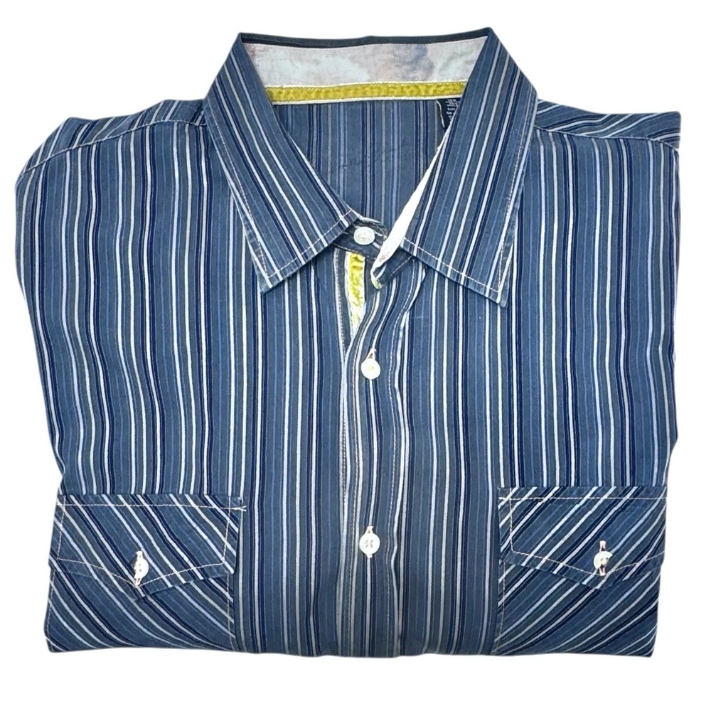 ARNOLD ZIMBERG BLUE & GRAY STRIPED COTTON LONG SLEEVE SHIRT W CONTRASTING CUFFS
